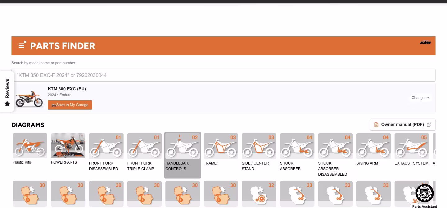 PartsFinder Software storefront showing a motorcycle selection and OEM parts diagram